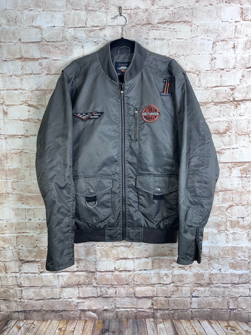 Harley Davidson Canvas Checkered Flag Eagle Lined Bomber Jacket Size Large